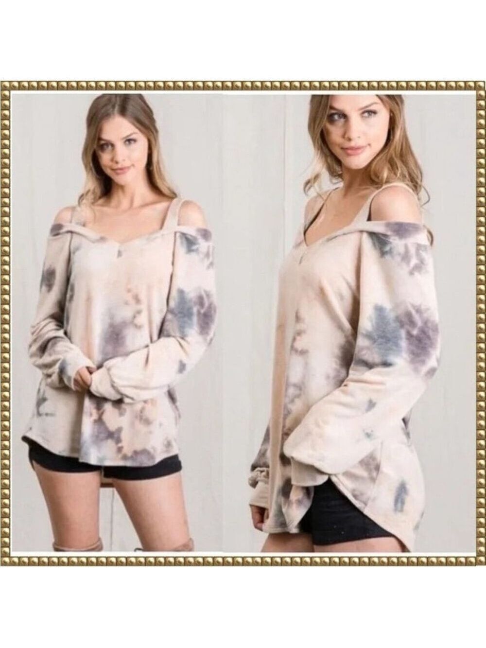 French Terry Cold Shoulder Tie Dye Top Large XL - Picture 1 of 8